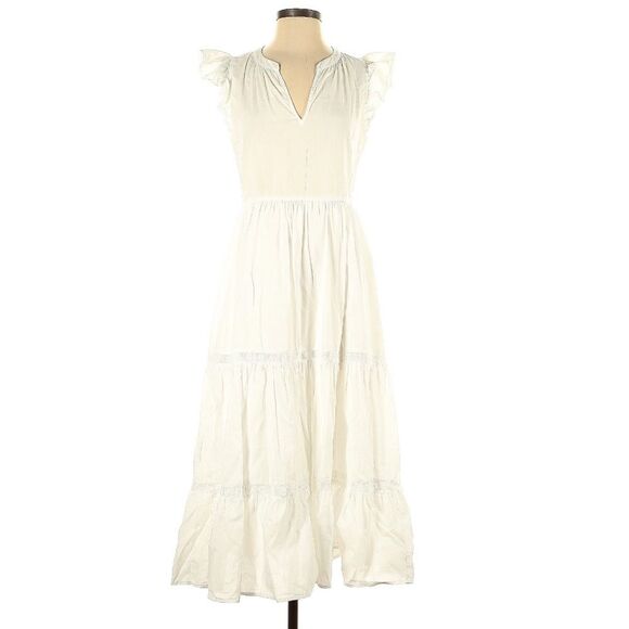Xirena 100% Cotton White Tiered Flutter Sleeve Prairie Cottagecore Dress XS - Picture 2 of 11